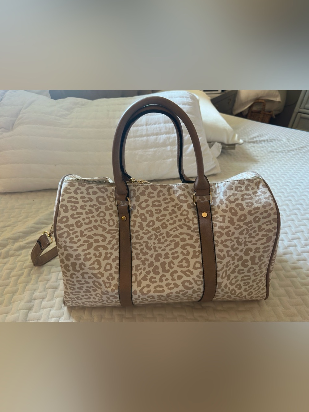 Jen & Co Neutral Leopard Print Duffel Tote with Brown Trim